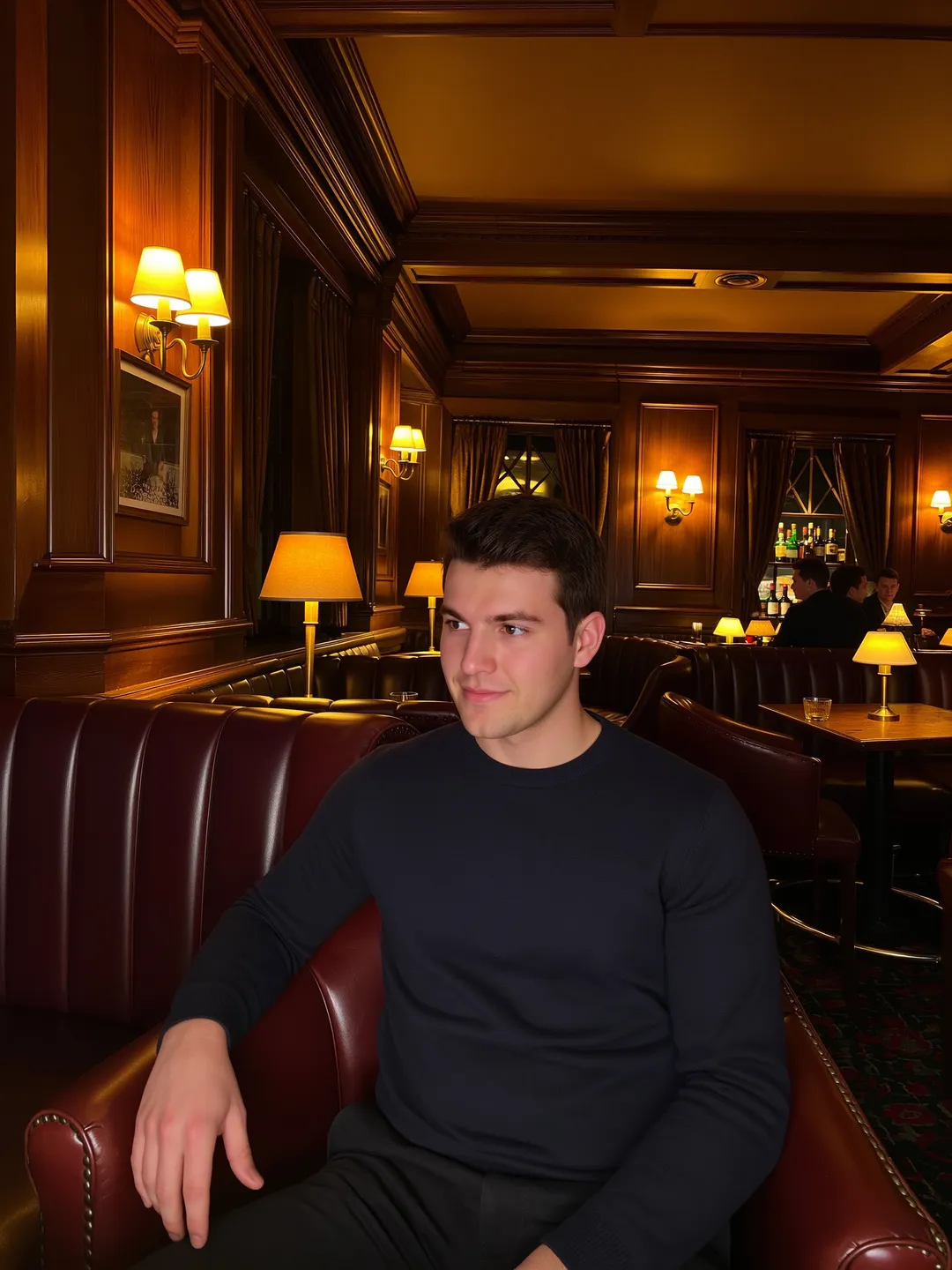 AI-generated example of an evening photo in a warmly lit wood-panelled bar.