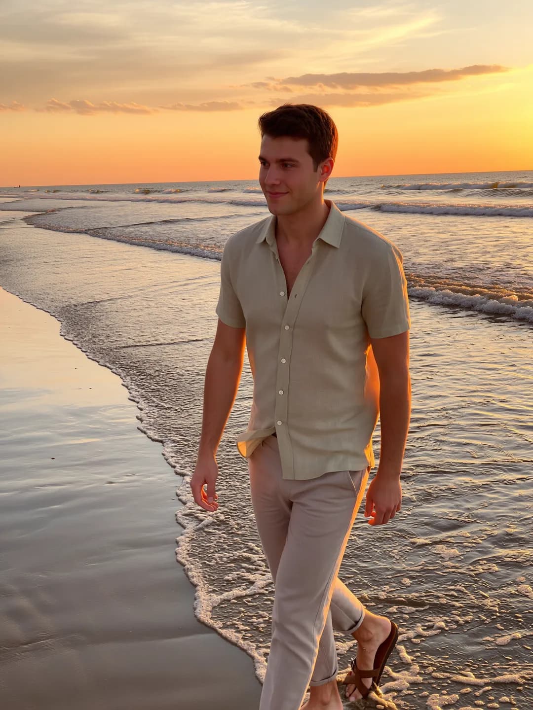 AI-generated example of a candid walk along the beach at golden hour.