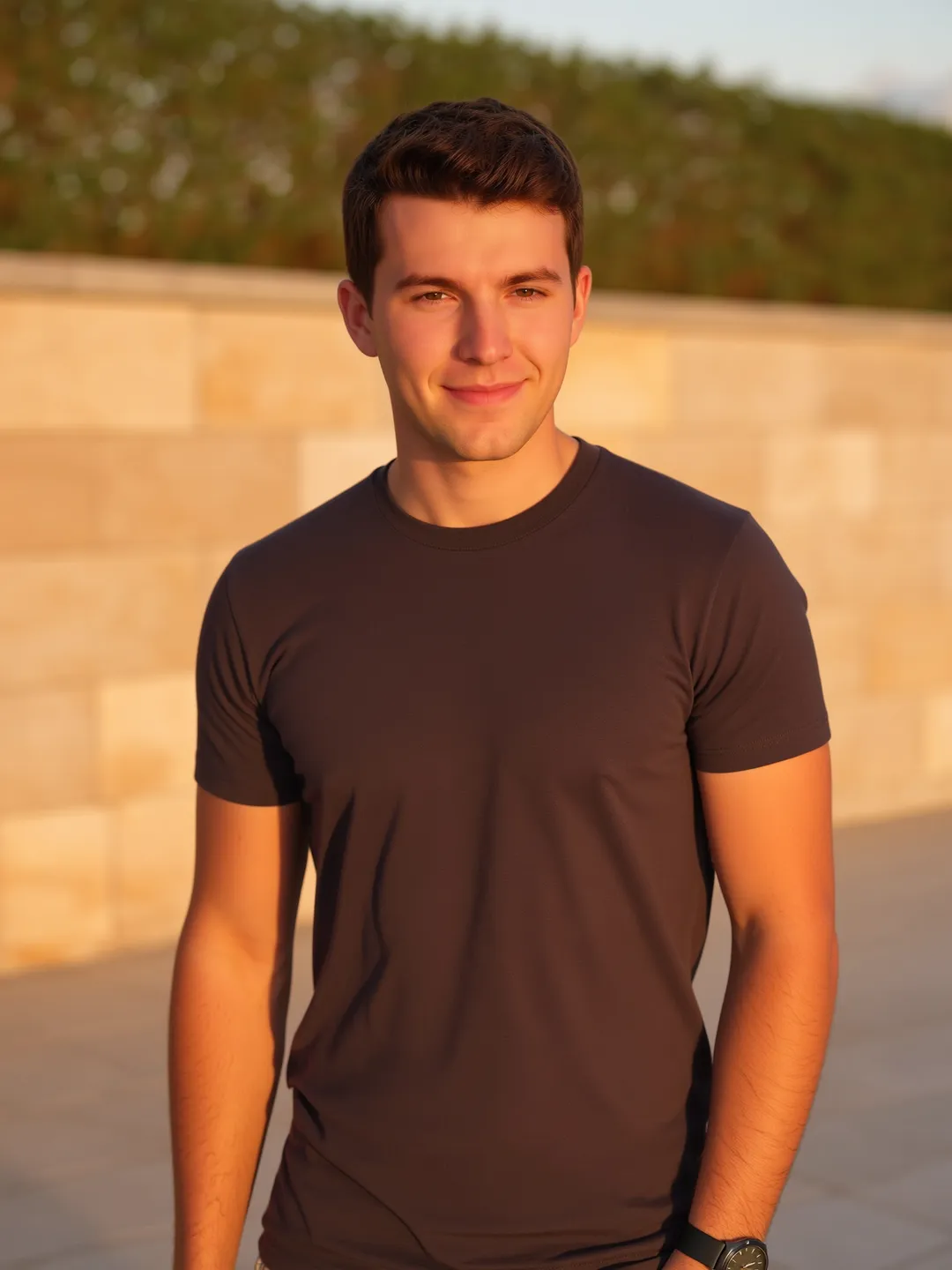 AI-generated example of a warm golden-hour lead portrait in a plain crew-neck tee.